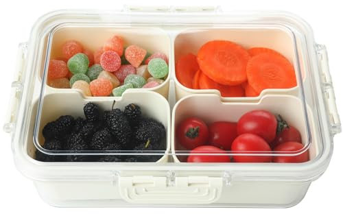 Surflyee Snackschale mit Deckel, Snackteller mit Fächern, 4-fach Unterteilte Snackbox, Snackteller Zur Aufbewahrung von Gewürzen, Süßigkeiten, Gemüse, Obst, Nüssen, Keksen, Desserts