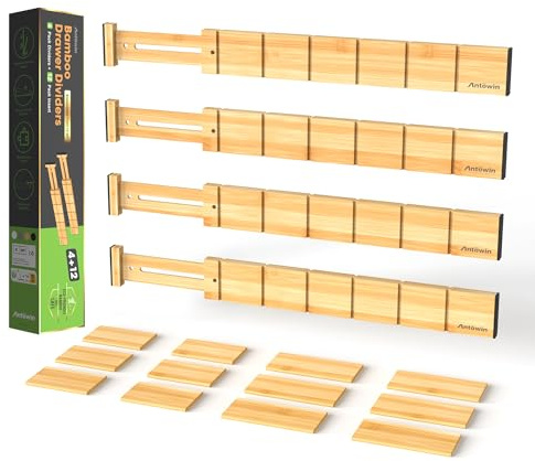 ANTOWIN Confezione da 4 divisori espandibili per cassetti, 5,7 cm, si estende da 43 cm a 56 cm, organizer per cassetti per cucina, camera da letto, ufficio, bagno (naturale)