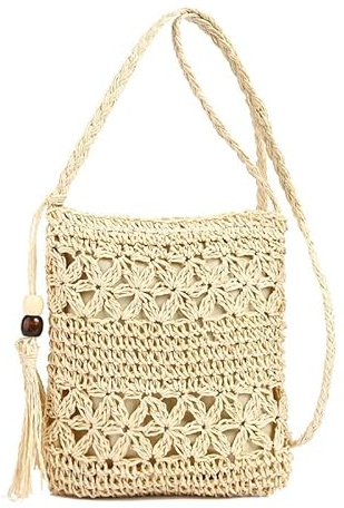 Halmväska dam halm mobiltelefon axelväska liten stickad axelväska sommarväska strandhandväska böhmisk liten plånbok handvävd strandväska för kvinnor resor semester, Beige