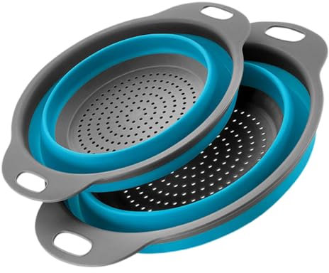 Surwin Passoire Pliable, Silicone Passoire Cuisine,Compacte Passoire Cuisine Pliable, Passoire Retractable Passoire Pates, Grande Petite Portable Panier de Fruits (Bleu,Lot de 2)