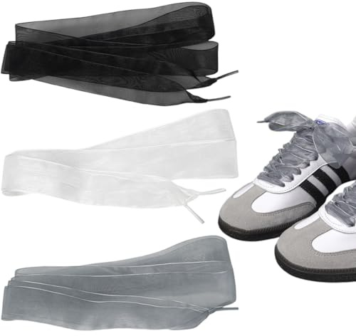 Cordones de organza de 4 cm de ancho, 3 pares Cordones de Lazo Raso Zapatillas Cinta, cordones planos de cinta, Cordones de Organza para Zapatos, para mujer niña, 100 cm, Negro, blanco y gris