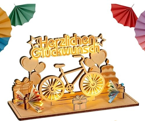 Original Fahrrad-Themen Geldgeschenk aus Holz mit LED-Lichterkette - Geschenk für Radfahrer, Freunde und Familie, Dekorative Fahrradfigur für Geburtstage und besondere Anlässe, 25,5x11 cm