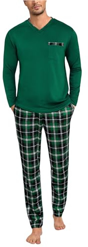 Leversic Vinterpyjamas herr bomull pyjamas set pläd pyjamas set rund hals sovkläder långärmad pyjamas och långa rutiga sovbyxor, Mörkgrön, 4XL