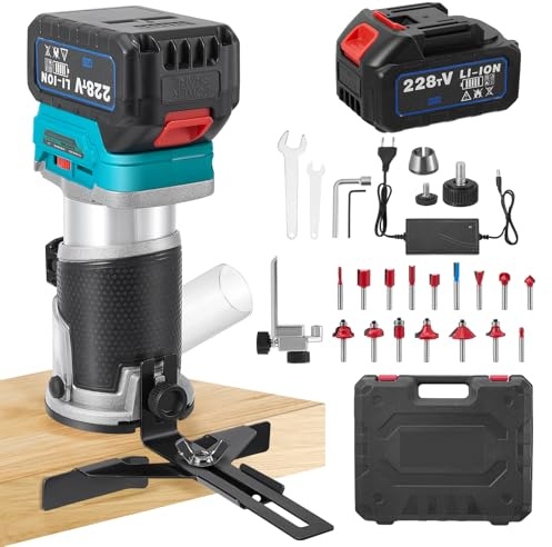 Yapasopu fresatrice per legno,30000 RPM,rifilatore per legno 6 velocità regolabili,kit fresatrice verticale legno compatta senza fili,batteria ricaricabile 21V 4Ah,con set di 16punte per trapano DIY