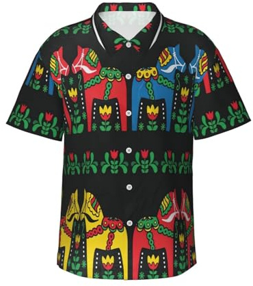 GFXEDSAH Löpare svensk dalahäst folktryck män kortärmad button down Hawaiian skjortor, stiliga strandsemester nödvändigheter för män