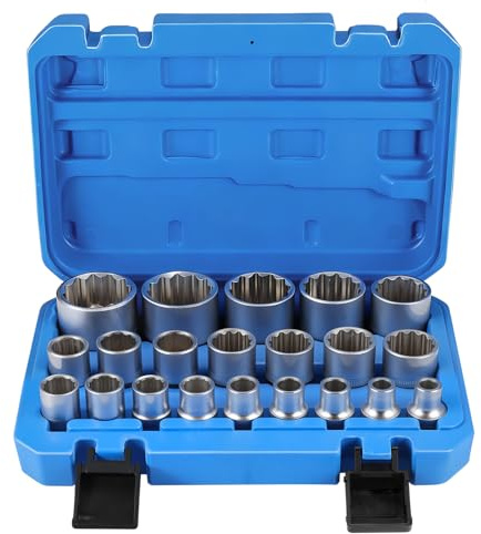 Gueenky 21 Piezas Llaves de Vaso Torx Hembra 8-36 mm, 1/2 Llaves de Vaso Puntas Multidientes con Perfiles de 12 y 6 Puntas, Caja de Herramientas Azul