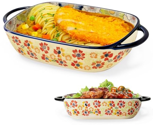 BOYIFEIJIE Fuente rectangular de cerámica, apta para horno, para lasaña, con 2 asas, diseño de flores vintage, molde para horno, microondas, lavavajillas, ideal para lasaña, cazuela, tiramisú (rosa)
