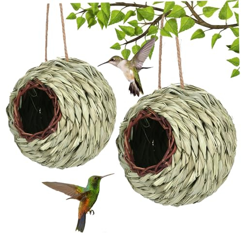Casas de colibrí para Exterior, 2 Piezas de Hierba Tejida en Forma de Bola, Nido de colibrí con Cuerda Colgante, casa de pájaros para Patio, césped, jardín, Nido