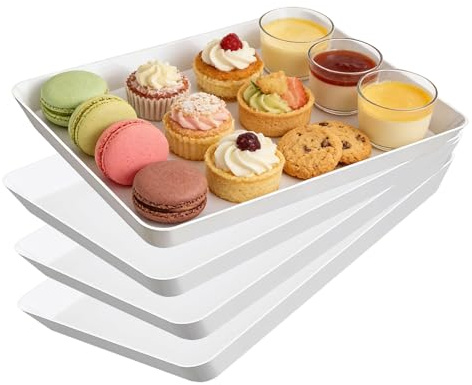 Luckwaii Plastic Serving Tray 4 Pcs White Serving Platters for Party Food, Reusable Dishware Plate Catering Trays for Kitchen Charcuterie Dishes Snacks Fruit Cookies Sandwich Tea Dinner, 31 x 22 cm