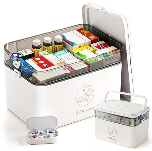 Purecas Medicine Storage Box with Handle,Large Capacity First Aid Organizer, Portable Medicine Cabinet with Transparent Compartments & Pill Organizer (2-Tier)