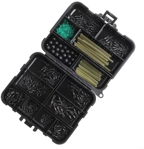 Set da 301 pezzi di attrezzatura per pesca alla carpa, inclusi ganci in acciaio inox, ganci a cambio rapido, clip di sicurezza e perline di gomma in scatola compatta da 11,5 cm
