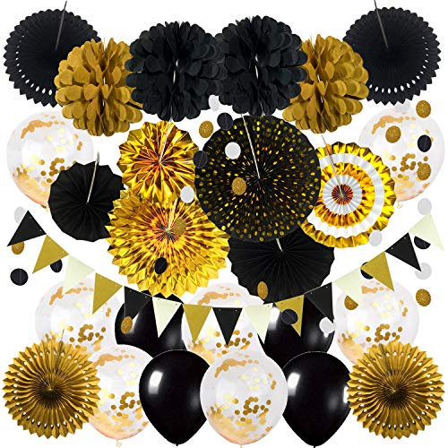 ZERODECO Party Dekoration, Schwarz Gold Konfetti Ballons Papier Pompoms Aufhängen Fächer Dreieckige Wimpel und hängende Girlande Partyzubehör Sets für Congratulations Graduation Geburtstag Party