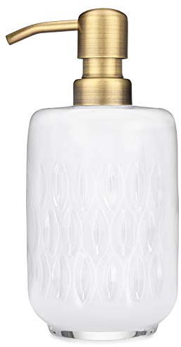 Rail19 Astraea Frosted Glass Soap Dispenser with Metal Pump - Refillable Liquid Hand Soap for Bathroom and Kitchen, 12oz (Farmhouse Brass)