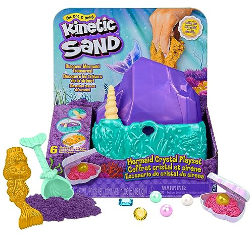 Kinetic Sand, Meerjungfrau-Kristall-Spielset, 481 g Spielsand, goldfarbener schimmernder Sand, Aufbewahrung und Werkzeuge, sensorisches Spielzeug für Kinder ab 3 Jahren
