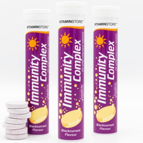 Vitamin Store Immunity Complex Effervescent Tablets, 3 Packs of 20 Blackcurrant Flavoured Immune System Booster Dissolvable Fizzy Supplement - Contains Vitamins C, D, Zinc & Selenium