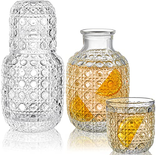 Coloch 2 Sets Vintage Bedside Water Carafe Set With Tumbler, 4 Pcs 14Oz Clear Glass Mouthwash Bottle Nightstand Carafe and Glass for Handy Midnight Drink Set for Water, Juice, Kitchen, Bedroom