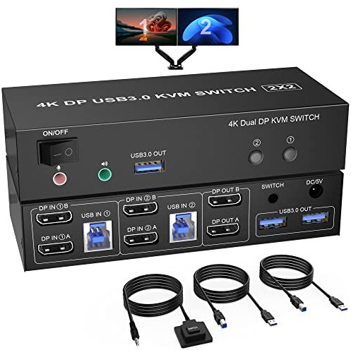 USB 3.0 KVM Switch 2 Monitore Displayport 4K@60Hz Extended Display, Displayport Switch 2 PC 2 Monitor mit Audiomikrofonausgang und 3 USB 3.0 Ports, Keyboard Mouse PC Monitor Switch 2 PC 2 Monitore