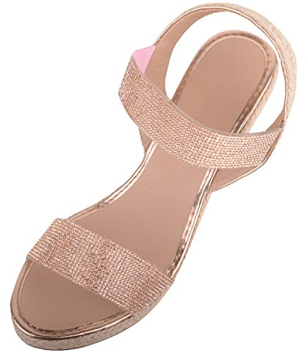 ABSOLUTE FOOTWEAR Womens Elasticated Diamante Summer Holiday Wedged Woven Heel Sandals - Rose Gold - UK 4 / EU 37