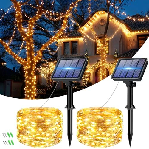 bitjam Solar Lichterkette Aussen, 2x6M 60LED Lichterkette Außen Solar Wetterfest, 8 Modi Kupferdraht Solarlichterkette Outdoor IP65 Wasserdicht für Garten Zaun Balkon Party Weihnachten, Warmweiß
