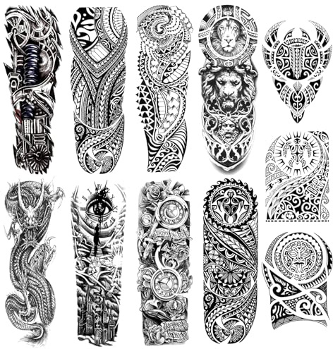 TNSLAND 11 Feuilles de Tatouage Ephemere Homme, Faux Tatouage Homme Imperméable, Tatouage Temporaire sur Le Bras, Tatouages Temporaires Lion Dragon Serpent Fleur Halloween