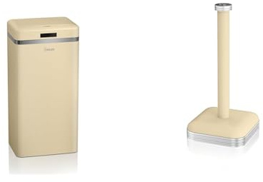 SWAN SWKA4500CN Retro Kitchen Bin with Infrared Technology, Square, Cream, 45 Litre & SWKA1040CN Retro Kitchen Roll Holder with Steel Weighted Base, 32 cm, Cream