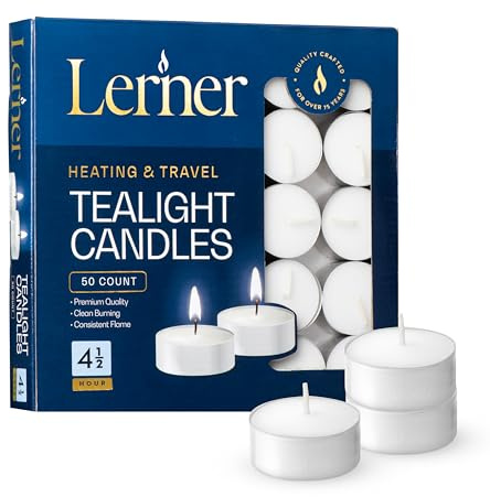 Lerner Tealight Candles, 50 Count| 4.5 Hours Long-Burning White Tea Light Candles| Non-Toxic, Smokeless & Soot-Free Tea Light Warmer Candles | Unscented Party, Décor, Shabbat Tea Candles