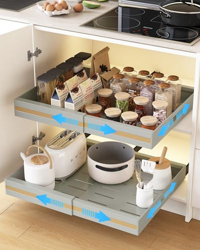 UMDONX 2 Pack Expandable Pull out Cabinet Organiser Cupboard Storage | Kitchen Drawers, No Drill Adhesive Peel and Stick, Durable Metal Load 65LBS, Grey Sliding Shelf