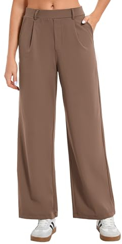 Oyamiki Womens Work Trousers Soft Full Elasticated Waist Casual Palazzo Pants Straight Leg Business Trousers Deep Khaki L
