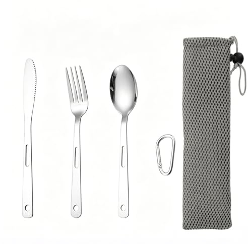 HAPZUR Cubiertos para Llevar Portátil Acero Inoxidable para 1 Persona con Estuche. Set Reutilizable y Robusto de Cuchillo, Tenedor, Cuchara para Camping, Viaje, Oficina.