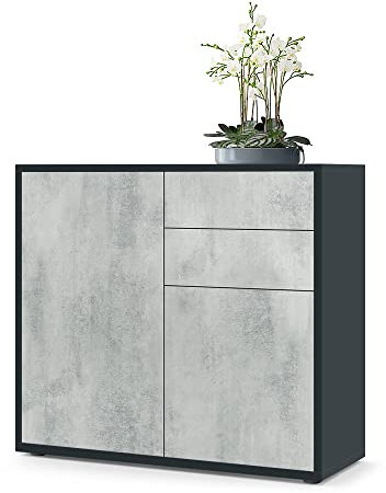 Vladon Sideboard Ben, Made in Germany, Kommode mit 2 Türen und 2 Schubladen, Schwarz matt/Beton Oxid-Optik (79 x 74 x 36 cm)