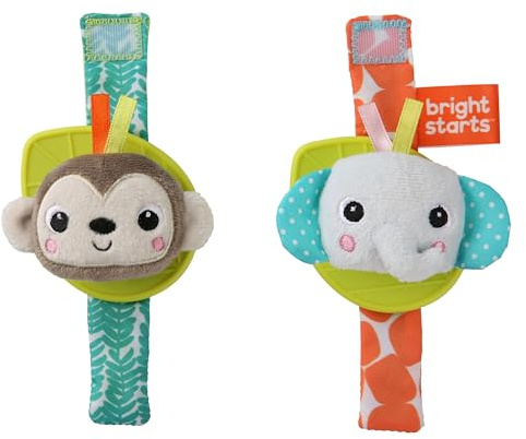 Bright Starts Rattle & Teethe BPA-Free Baby Wrist Pals Toy - Monkey & Elephant, Newborn+