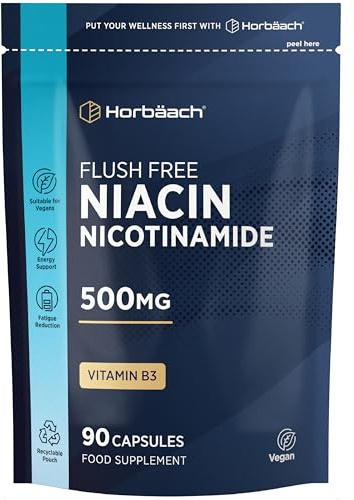 Vitamin B3 Niacin 500mg | 90 Vegan Capsules (3 Months Supply) | Flush Free Nicotinamide Supplement (Niacinamide) | Resealable & Recyclable Pouch | by Horbaach