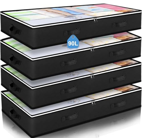 Budding Joy 90L Under Bed Storage Containers, Closet Organizers and Storage Bins, Foldable Underbed Storage Bags for Blankets, Towels, Comforter, Sweaters, Pillows, Linen Sheets, Wrapping Paper，Black