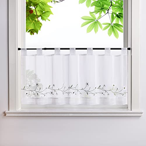 HeichkelL Broderad fönstergardin voile korta stores med slingor pastorala köksgardiner lantlig stil bistrogardin vit B x H 120 x 30 cm
