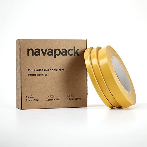 NAVAPACK- Pack de Cinta Adhesiva Doble Cara, Rollos de 50 Metros, Libre de Ácido para Manualidades y Scrapbooking. (9mm+12mm+19mm)