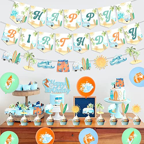 Été Surf anniversaire décoration rétro Surf joyeux anniversaire bannière Vintage Surf cake Cupcake été Hawaiian Beach anniversaire décoration piscine Hawaiian Party Supplies