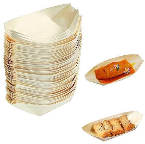 Omevett 50 pcs Bamboo Boats for Food,Wooden Boat Plate Eco Friendly Disposable Paper Boats Food Sushi Serving Tray for BBQ, Camping, Garden and Birthday Parties（17 x 8.5cm）