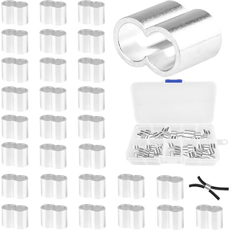 FCXQG 50Pcs Cable De Acero Virolas De Aluminio Funda De Bucle De Prensado De Aluminio Casquillos De Aluminio con Caja De Almacenamiento para Cable De Acero De 6 MM