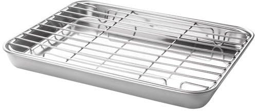 Lacor - 15566 - Bandeja con Rejilla Essential, Acero Inoxidable, Alta Conductividad Térmica, Apta para Horno, Apta para Congelador, 26.5x20.5x2.5 cm