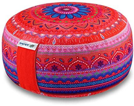 Bine Brändle Mandala, cuscino da meditazione e yoga, cuscino da pavimento, altezza seduta 15 cm, imbottitura in farro regolabile, certificato GOTS, cotone 100% lavabile, rosso felicità