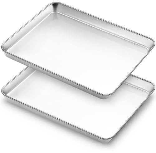 Baking Tray Set of 2, Bastwe Stainless Steel Oven Trays, Rectangle Baking Sheets Pans Perfect for Cooking Serving, Non Toxic & Rust Free, Mirror Finished & Dishwasher Safe (10.4 x 8 x 1 inch)