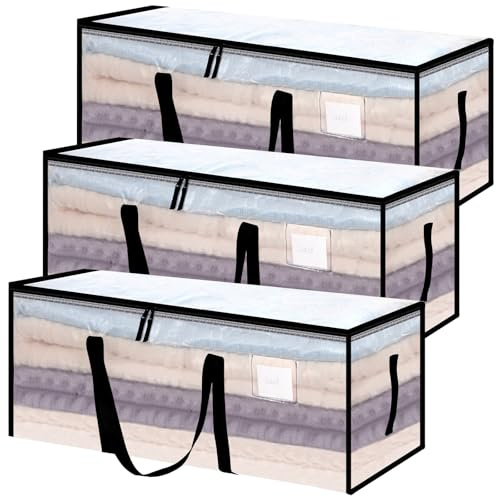 Yafe 3 Pack Large Clothes Storage Boxes with Lids, 120L Transparent Capacity Storage Bags Storage Organiser Moving Bags Packing Boxes for Moving House Clothes Bedding Duvet Toys Storage(120L)