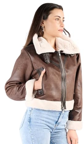 BARONE Veste en peau de mouton pour femme, veste en cuir pour femme shearling, cuir d'agneau et alcantara FABRIQUÉ EN ITALIE, marron, M