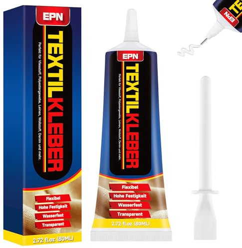 EPN Textilkleber, Klarer Waschbarer Stoffkleber für alle Stoffe, wie Baumwolle, Flanell, Denim, Leder, Polyester, zur Puppenreparatur, Applikationen und DIY-Bastelarbeiten (80 ml)