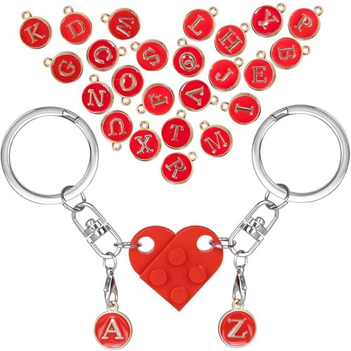 SGERUFZ Portachiavi Cuore Coppia Regalo Natale Anniversario Geschenk Per Coppie (Rosso) (con 26 Lettere)