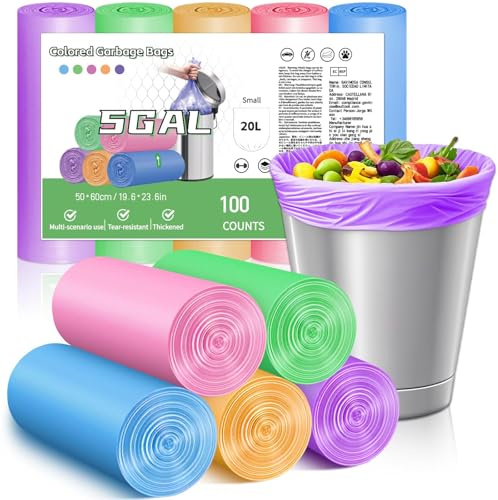 XUXRUS Lot de 100 sacs à ordures colorés résistants et durables, anti-déchirures et anti-fuites, pour salle de bain, cuisine, bureau, faciles à utiliser