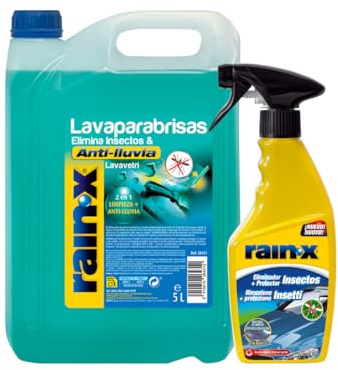 Rain-X Liquido Lavavetri Auto e Spray Rimuovi Moscerini Auto, Elimina i Resti di Insetti e Escrementi di Uccelli e Protegge dalla Pioggia, 5 L Acqua Tergicristalli Auto e 500 ml di Insect Remover