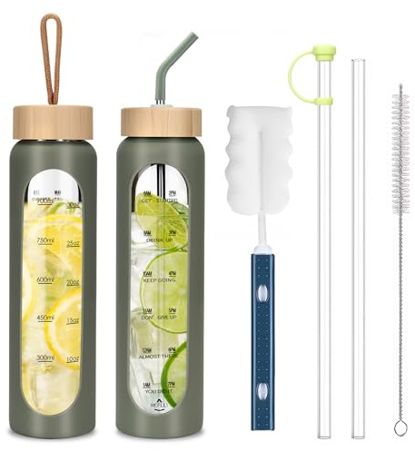 Borraccia in Vetro Da 1000ml,Borraccia Motivazionale con Scala di Idratazione,Bottiglie per Bere con 2 Coperchi,Bottiglia di Vetro con Custodia in Silicone,Bottiglia Acqua Ecologica Senza BPA