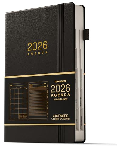 TDOLISSTE - Calendario 2026, planificador, A5, agenda, calendario en libro, plan diario de 365 páginas y plan mensual de 24 páginas, alemán (negro)