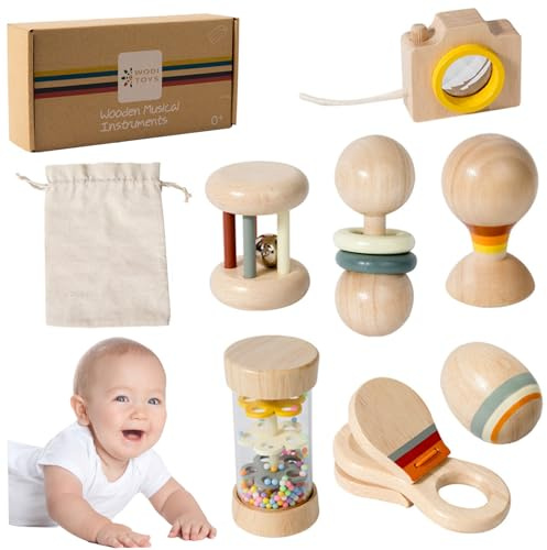 Sonajero de madera, 7 piezas/juego de sonajero de madera orgánico natural para bebé con palo de lluvia, campana de mano, bola de arena y más, Montessori para cumpleaños de niños y niñas